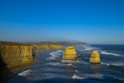 Scenic view of sea against clear blue sky