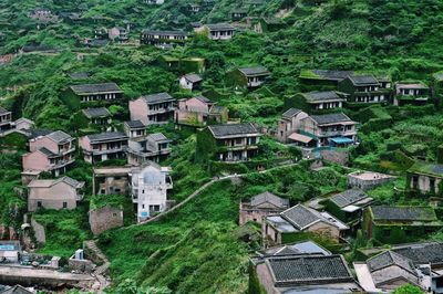 High angle view of buildings in town