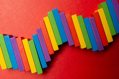 High angle view of colorful toy blocks on white background