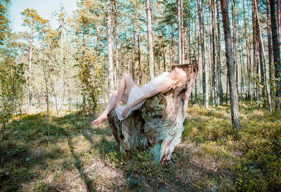 Woman standing by tree trunk in forest