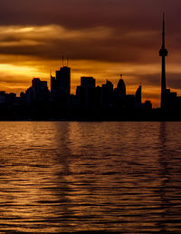 Silhouette of buildings at waterfront during sunset