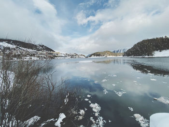 Scenic view of lake against sky during winter