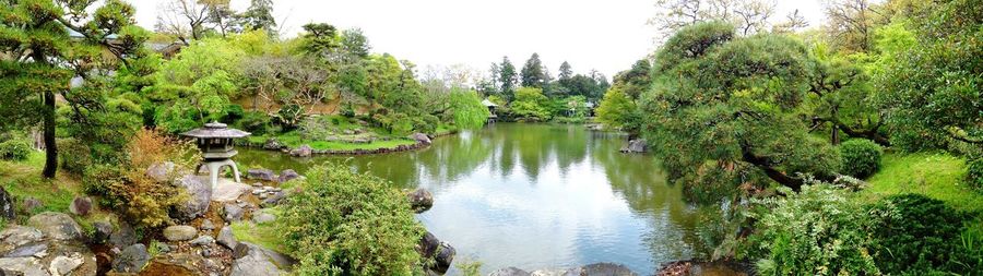 Scenic view of lake in forest against clear sky
