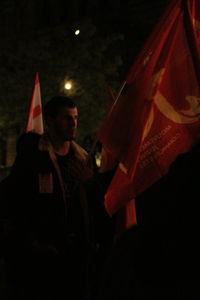 Rear view of man in illuminated flags