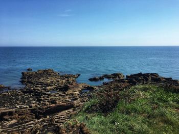 Scenic view of sea against clear blue sky