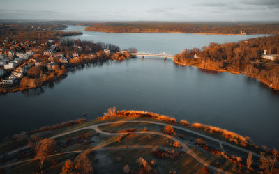 High angle view of river amidst buildings by lake