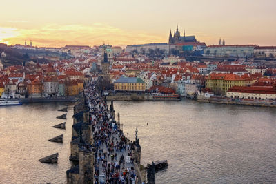 High angle view of buildings in city during sunset