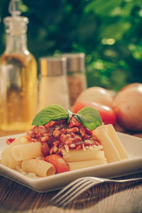 Close-up of fruit salad in plate on table