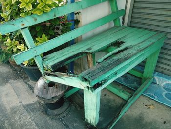 High angle view of abandoned bench