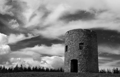 Low angle view of castle on field against sky