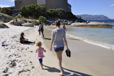 Rear view of mother and daughter walking at beach