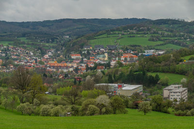 Trees and houses on field against sky