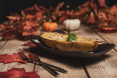 Close-up of food served in plate on table