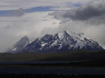 Scenic view of snowcapped mountains against sky, torres del paine, patagonia, chile 