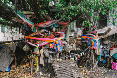 Multi colored umbrellas tied to tree outside building