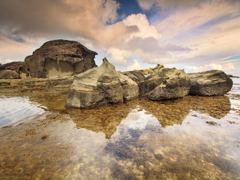 Scenic view of rocks in sea against sky