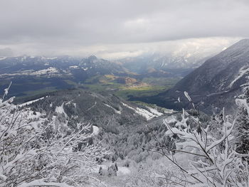 Aerial view of snowcapped mountains against sky