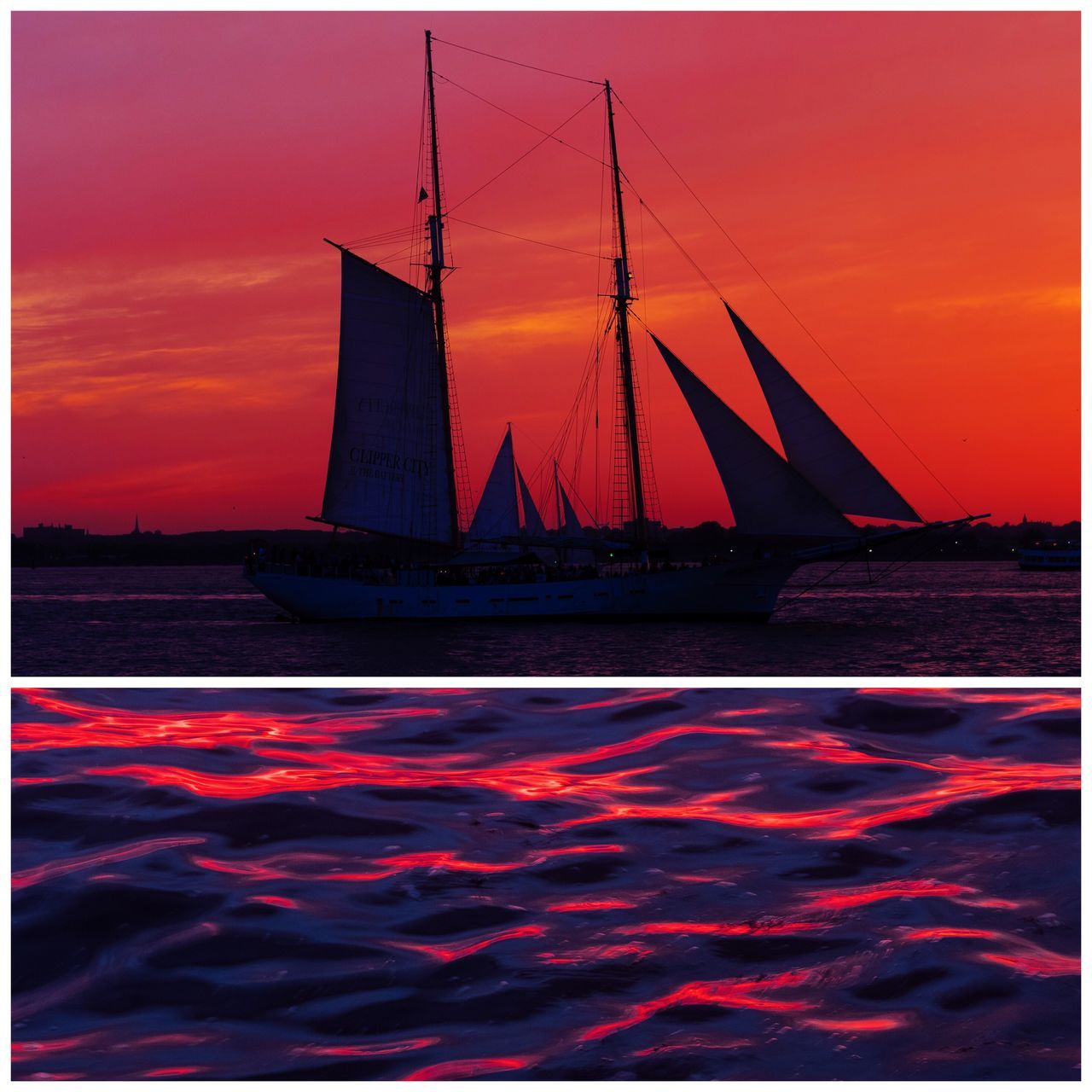 sailboat, water, nautical vessel, transportation, sunset, sea, mode of transportation, transfer print, sky, sailing, auto post production filter, waterfront, nature, beauty in nature, orange color, no people, scenics - nature, outdoors, canvas