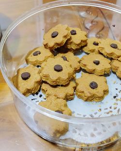 High angle view of cookies in bowl on table