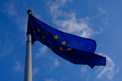 Low angle view of european flag against blue sky