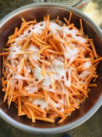 High angle view of meat in bowl