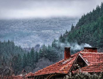 Houses by trees and mountains against sky