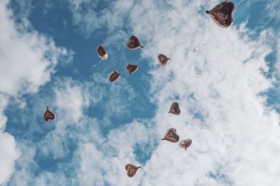 Low angle view of kites flying in sky