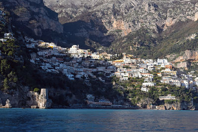 Aerial view of town by sea