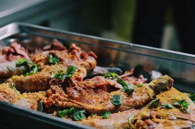 Close-up of meal served on table