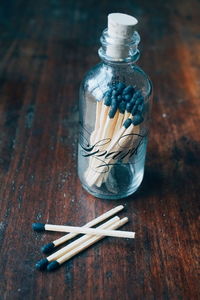 High angle view of bottles on table