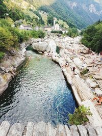 High angle view of river by mountain