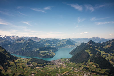 High angle view of mountains against sky