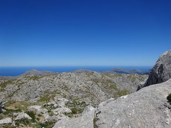 Scenic view of sea and mountains against clear blue sky