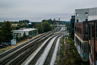 Railroad tracks amidst buildings in city against sky