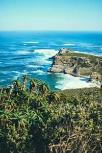 Scenic view of bay against clear sky