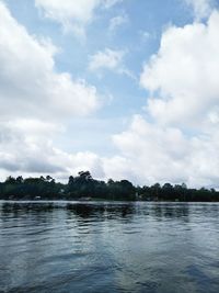 Scenic view of lake against cloudy sky