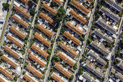 High angle view of residential buildings in city