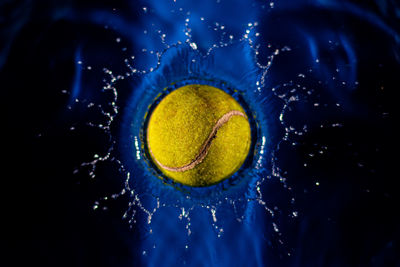 High angle view of water drops on glass against black background