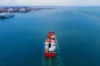 High angle view of ship in sea