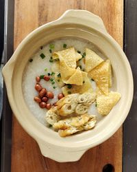 High angle view of meal served in bowl on table