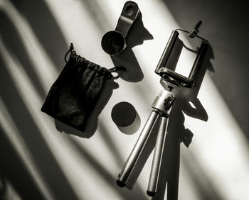 High angle view of camera on table