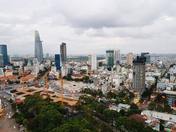 High angle view of buildings against sky