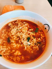 High angle view of soup in bowl on table