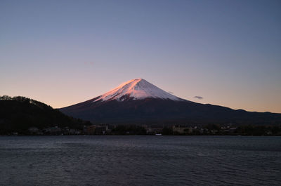 Scenic view of snowcapped mountains against clear blue sky