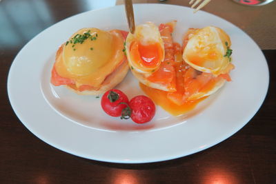 High angle view of breakfast served in plate