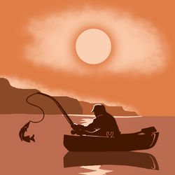 Silhouette man sitting against orange sky