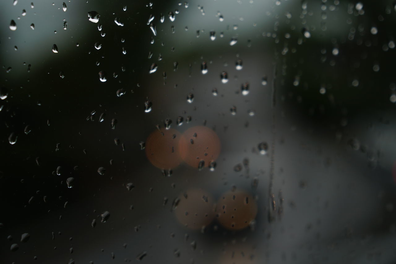 FULL FRAME SHOT OF WET GLASS WINDOW DURING MONSOON