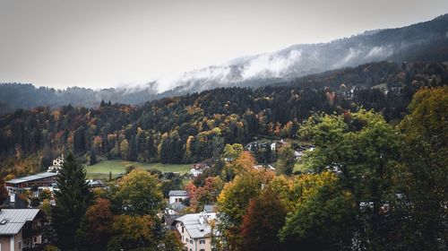 Scenic view of trees and mountains against sky