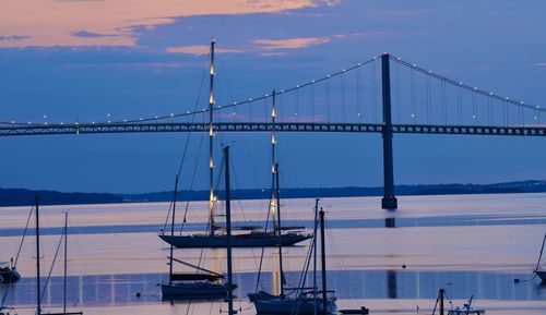 View of suspension bridge against cloudy sky