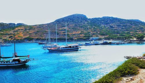 Boats moored at harbor